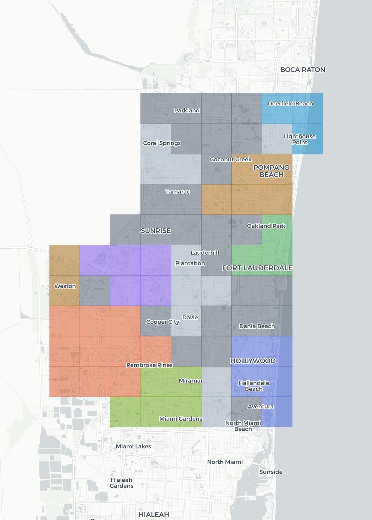 Map of Broward County showing which roofing companies win the Google map pack, neighborhood by neighborhood