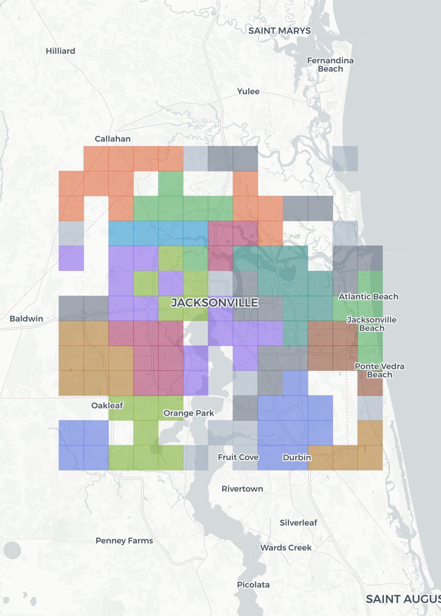 Map of Jacksonville showing which roofing companies win the Google map pack, neighborhood by neighborhood