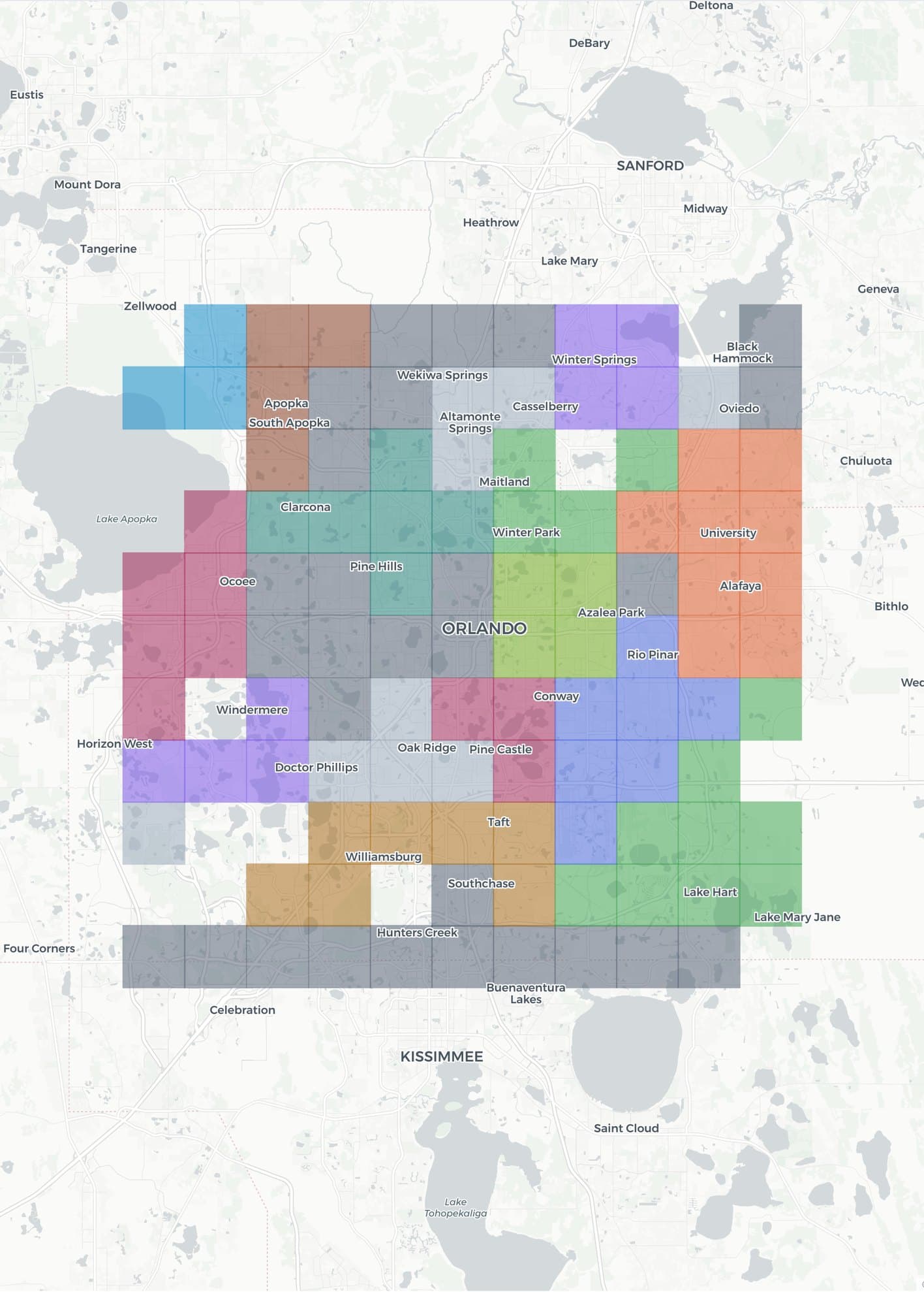 Map of Orlando showing which roofing companies win the Google map pack, neighborhood by neighborhood