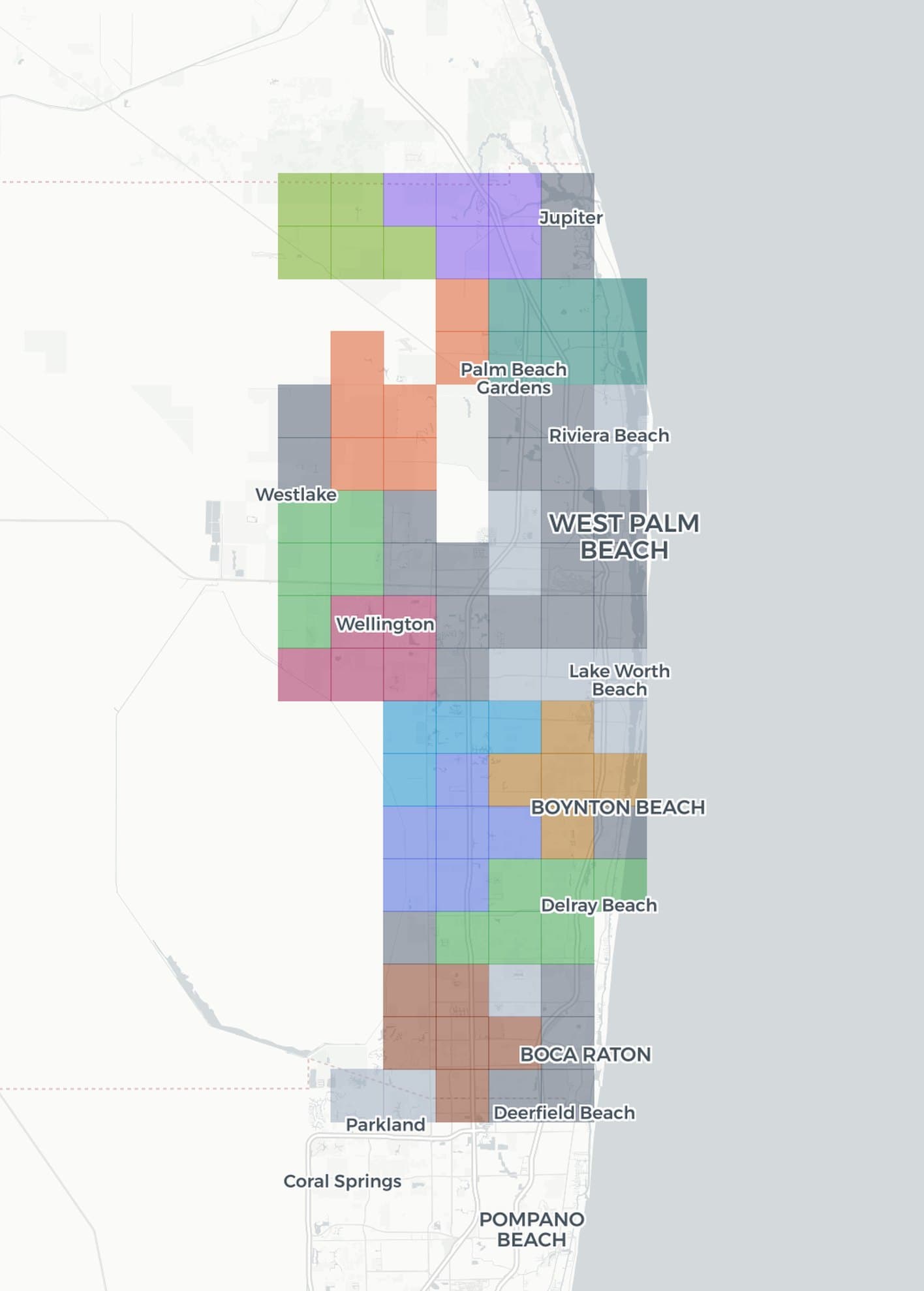 Map of Palm Beach County showing which roofing companies win the Google map pack, neighborhood by neighborhood