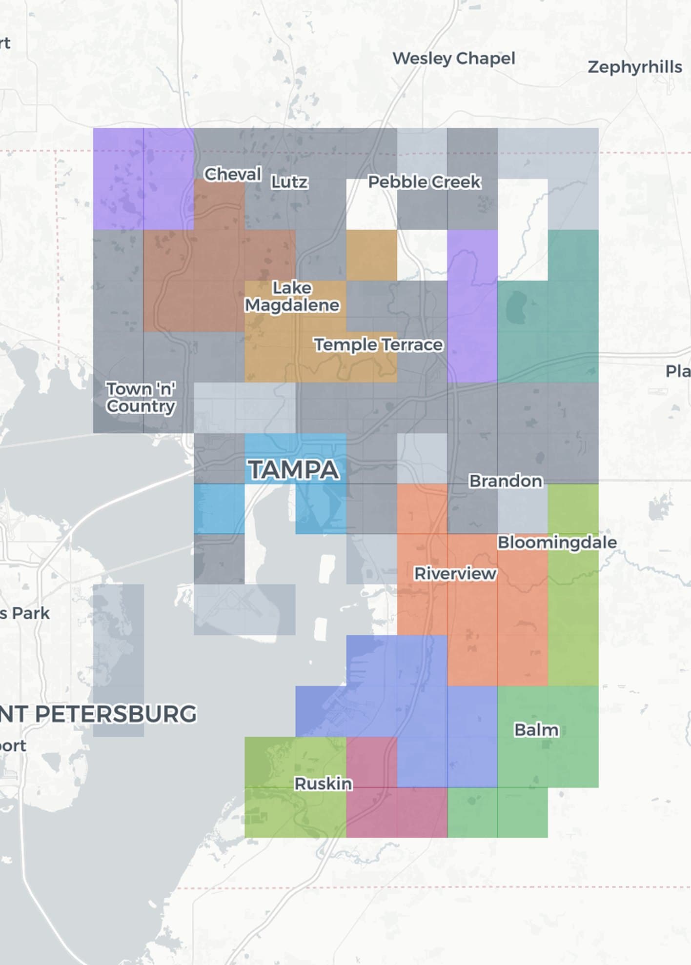 Map of Tampa showing which roofing companies win the Google map pack, neighborhood by neighborhood